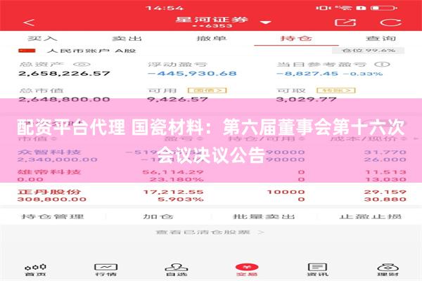 配资平台代理 国瓷材料：第六届董事会第十六次会议决议公告